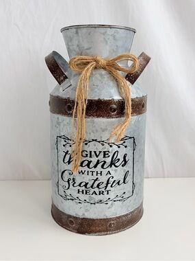 Rustic Metal Farmhouse Milk Can Vase Decor 'Give Thanks Grateful Heart’ Script